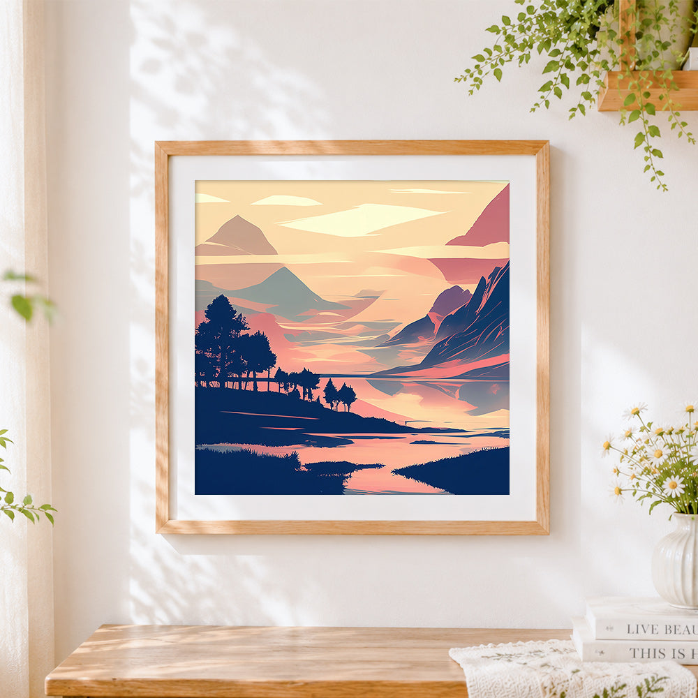 Finished dreamy pink mountain reflection cross stitch artwork displayed