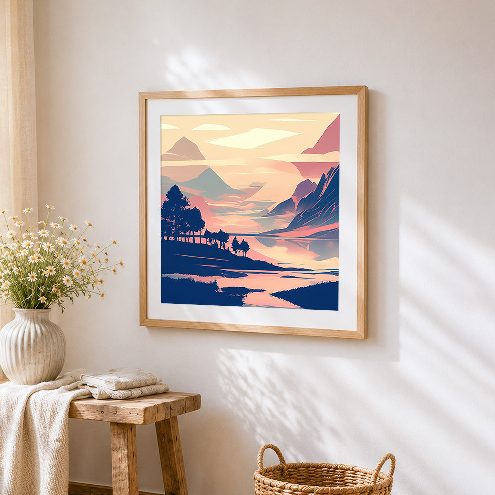 Dreamy pink mountain reflection cross stitch artwork displayed on wall as home decor