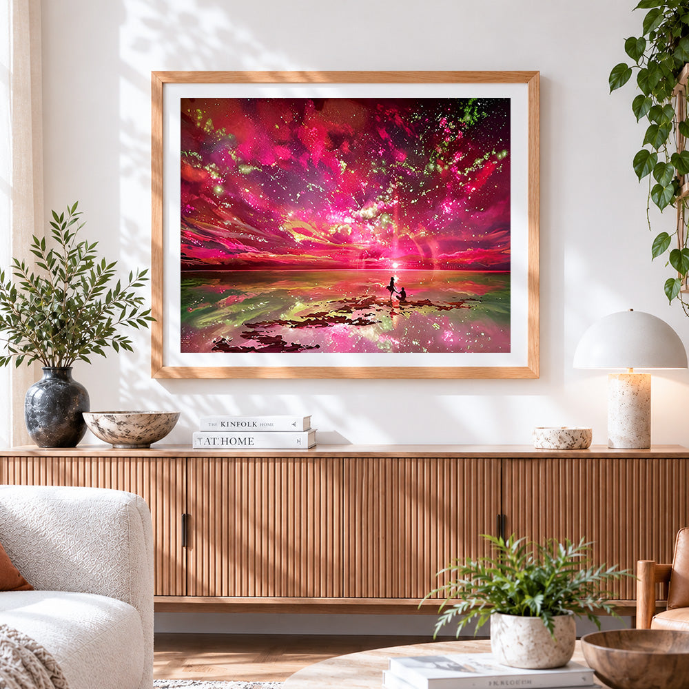 Finished dreamy pink starry sky and couple cross stitch artwork displayed