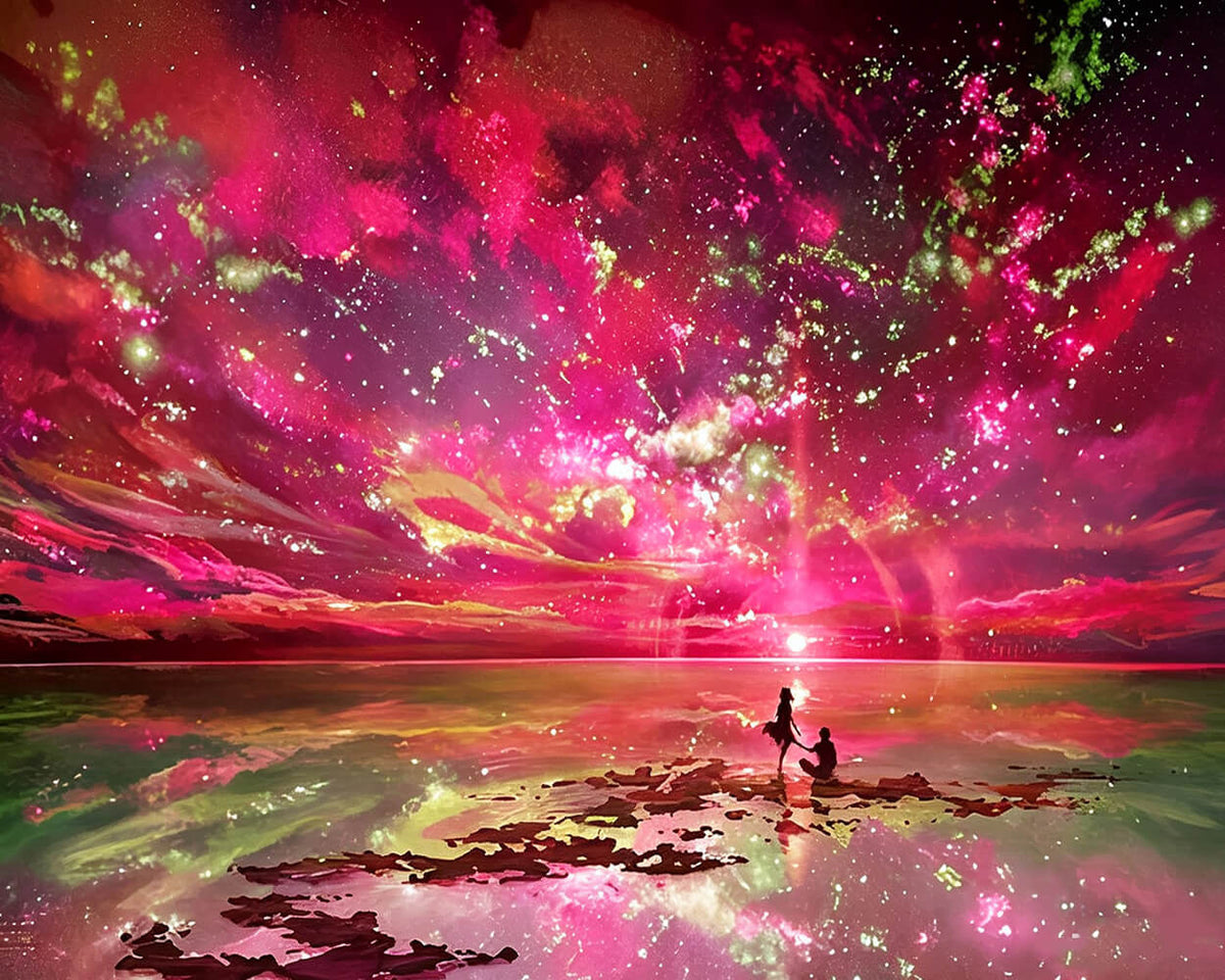 Dreamy pink starry sky and couple cross stitch kit for beginners