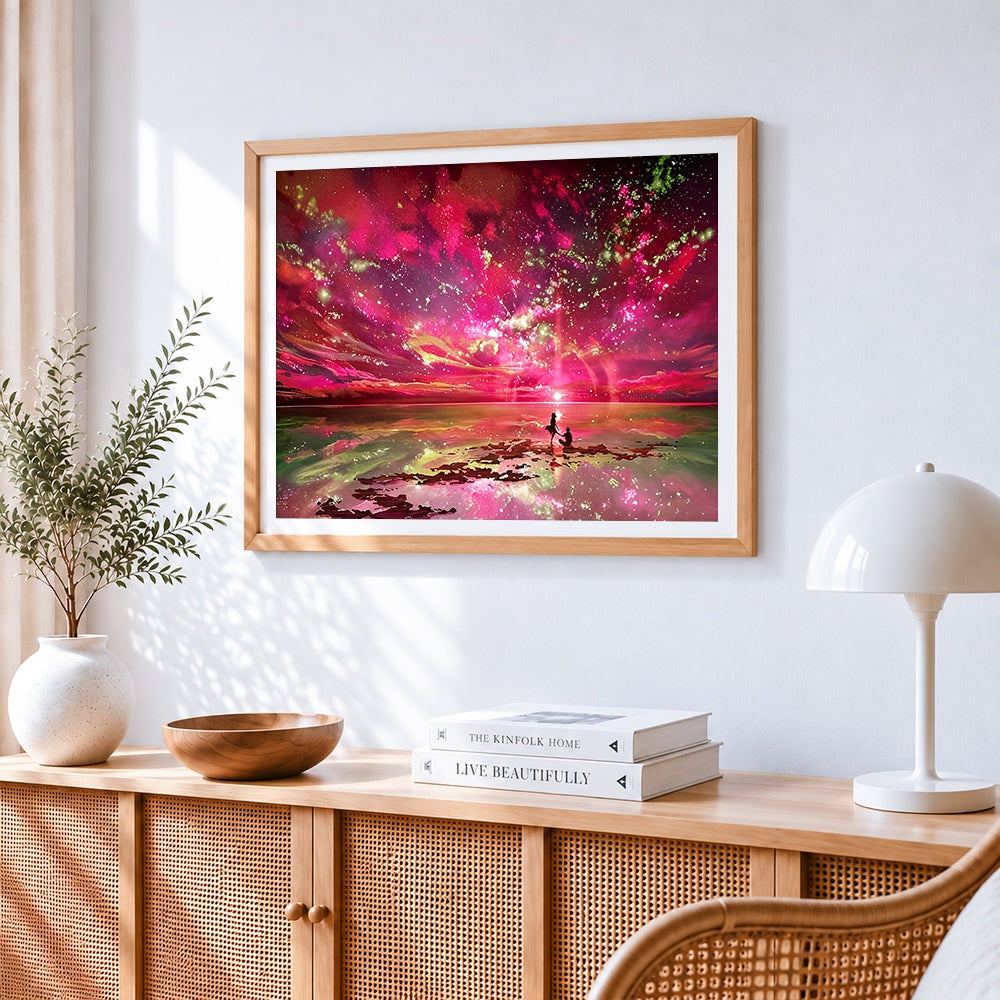 Dreamy pink starry sky and couple cross stitch artwork displayed on wall as home decor