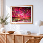 Dreamy pink starry sky and couple paint by numbers artwork displayed on wall as home decor