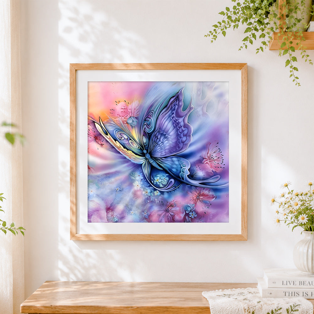 Finished dreamy purple and blue fantasy butterfly cross stitch artwork displayed