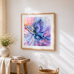 Dreamy purple and blue fantasy butterfly cross stitch artwork displayed on wall as home decor