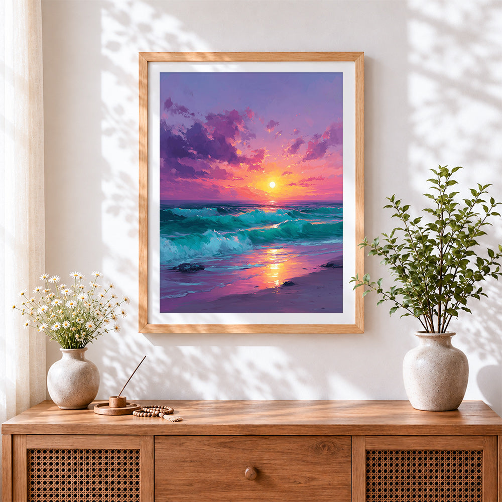 Finished dreamy purple and pink ocean sunset cross stitch artwork displayed