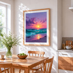 Dreamy purple and pink ocean sunset cross stitch artwork displayed on wall as home decor