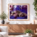 Finished dreamy purple cat with flowers paint by numbers artwork displayed as home decor