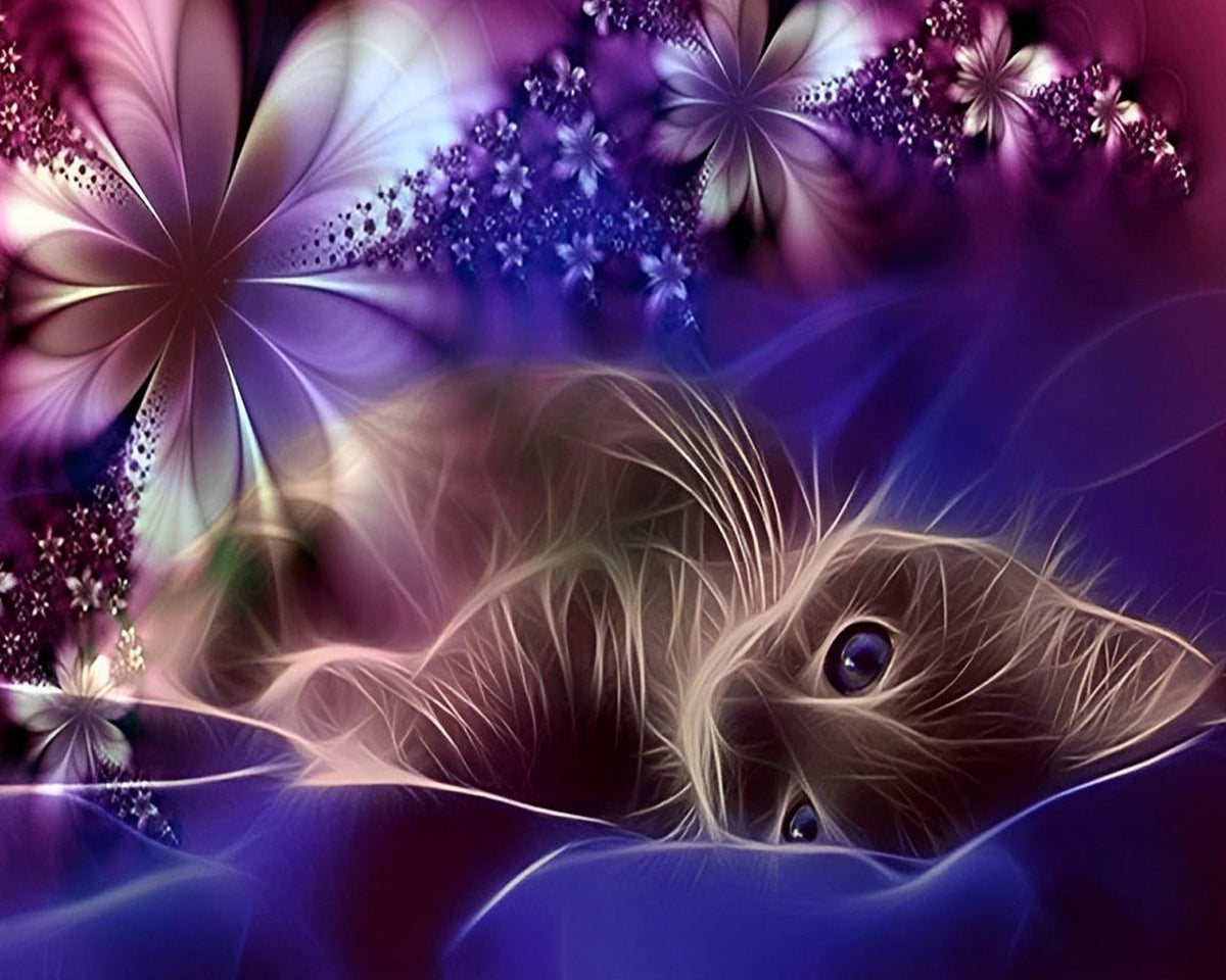 Dreamy purple cat with flowers paint by numbers kit for beginners