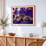Dreamy purple cat with flowers paint by numbers artwork displayed on wall as home decor