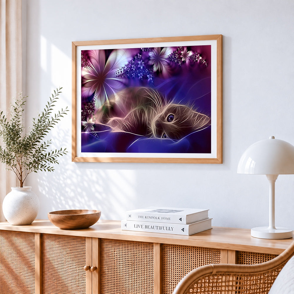 Dreamy purple cat with flowers paint by numbers artwork displayed on wall as home decor