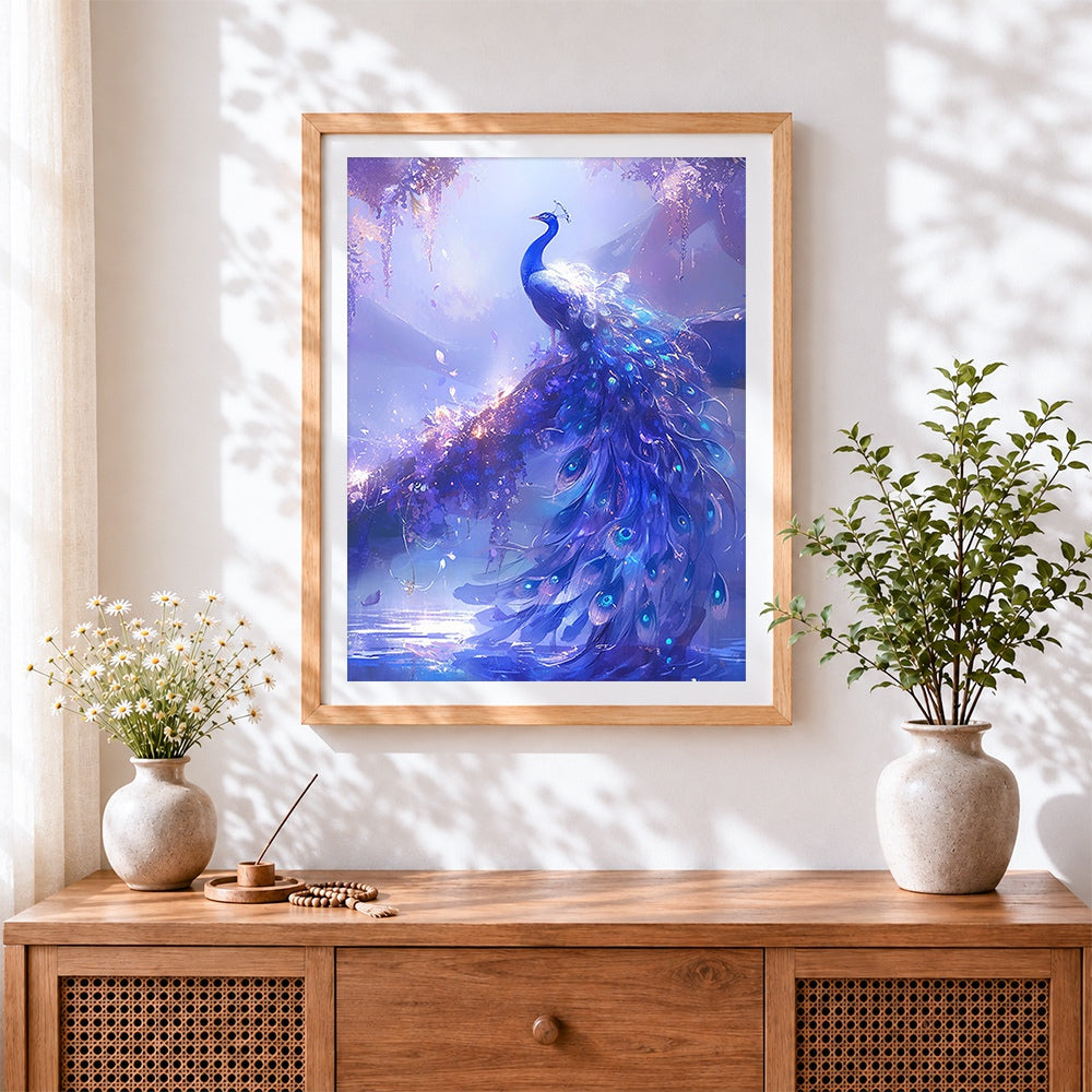 Finished dreamy purple glowing peacock cross stitch artwork displayed