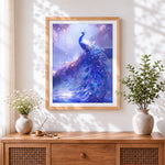 Finished dreamy purple glowing peacock cross stitch artwork displayed