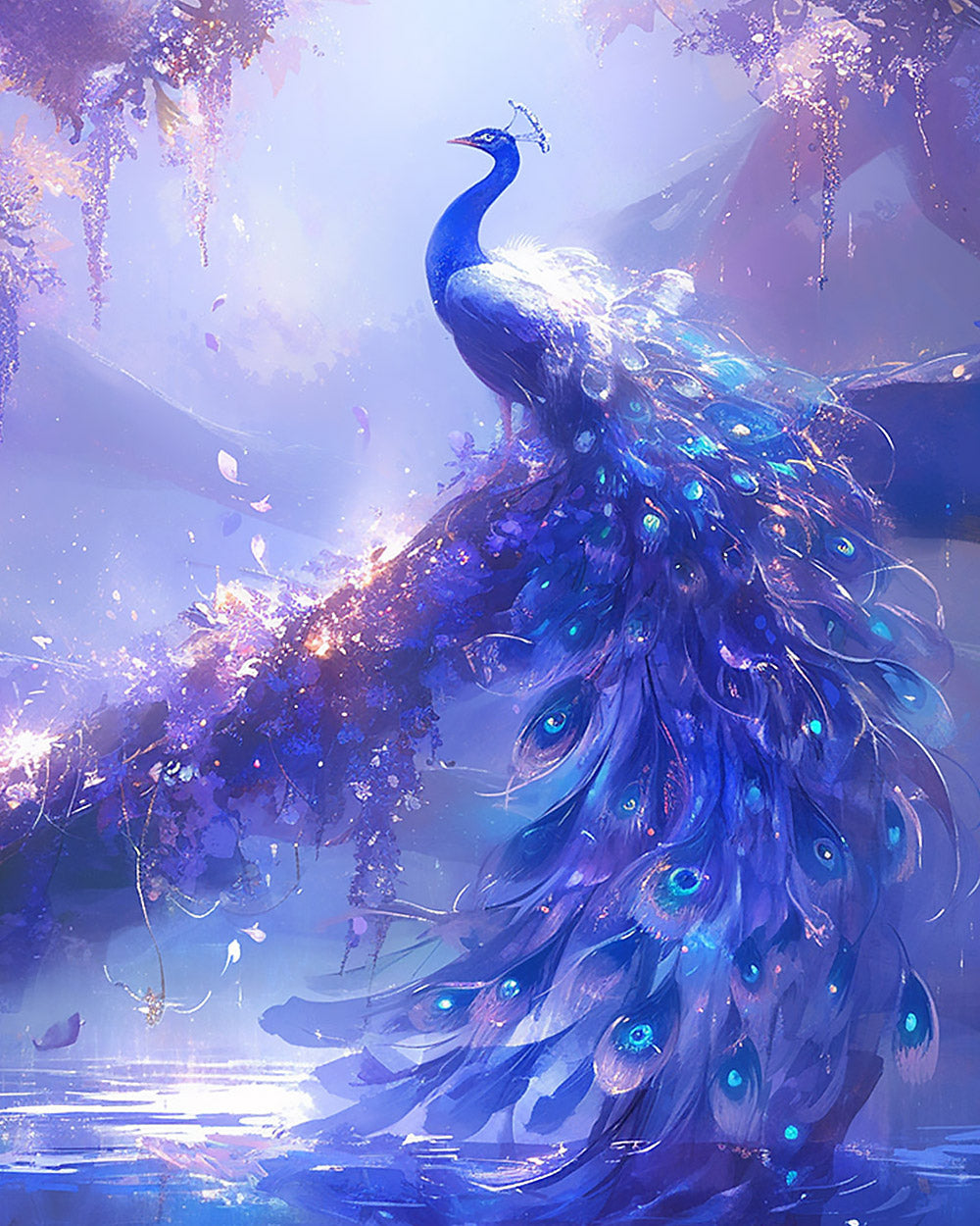 Dreamy purple glowing peacock cross stitch kit for beginners
