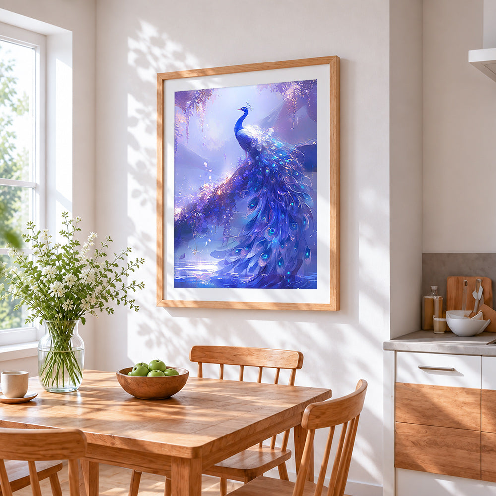 Dreamy purple glowing peacock cross stitch artwork displayed on wall as home decor