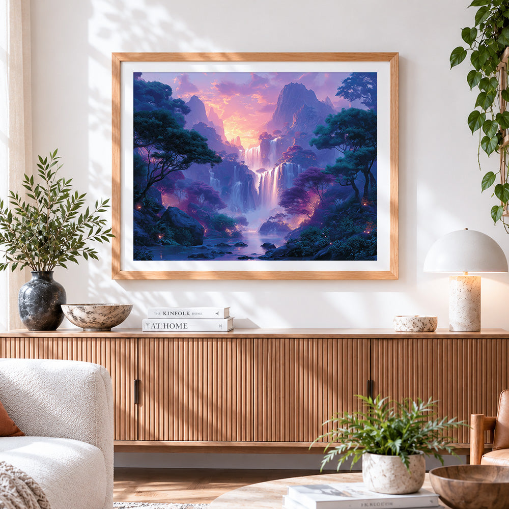Finished dreamy purple waterfall paint by numbers artwork displayed as home decor