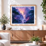 Finished dreamy purple waterfall paint by numbers artwork displayed as home decor