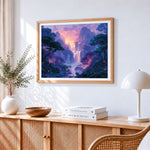 Dreamy purple waterfall paint by numbers artwork displayed on wall as home decor