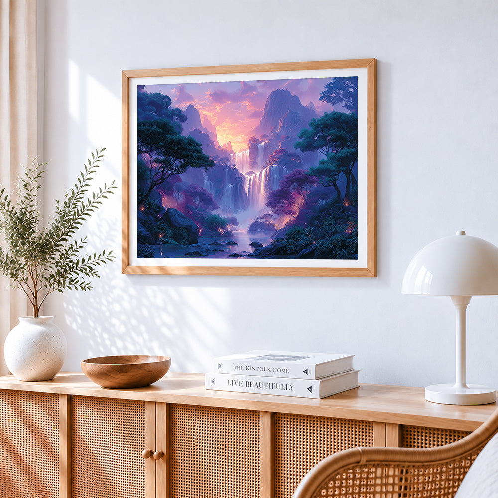 Dreamy purple waterfall paint by numbers artwork displayed on wall as home decor