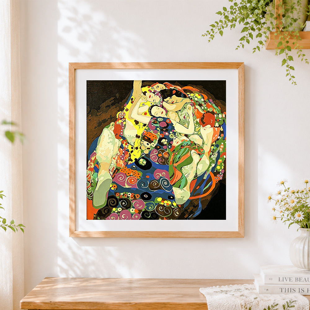 Finished dreamy sleeping women cross stitch artwork displayed