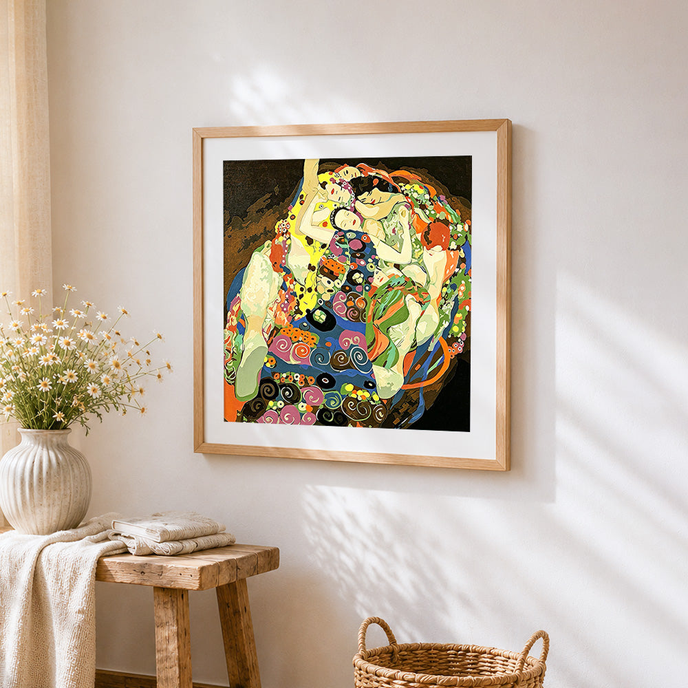 Dreamy sleeping women cross stitch artwork displayed on wall as home decor