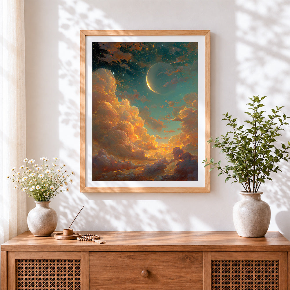 Finished dreamy starry clouds and crescent moon cross stitch artwork displayed