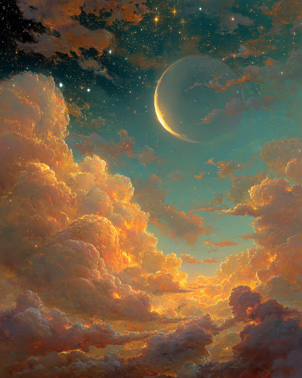 Dreamy starry clouds and crescent moon cross stitch kit for beginners