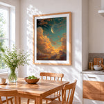 Dreamy starry clouds and crescent moon cross stitch artwork displayed on wall as home decor