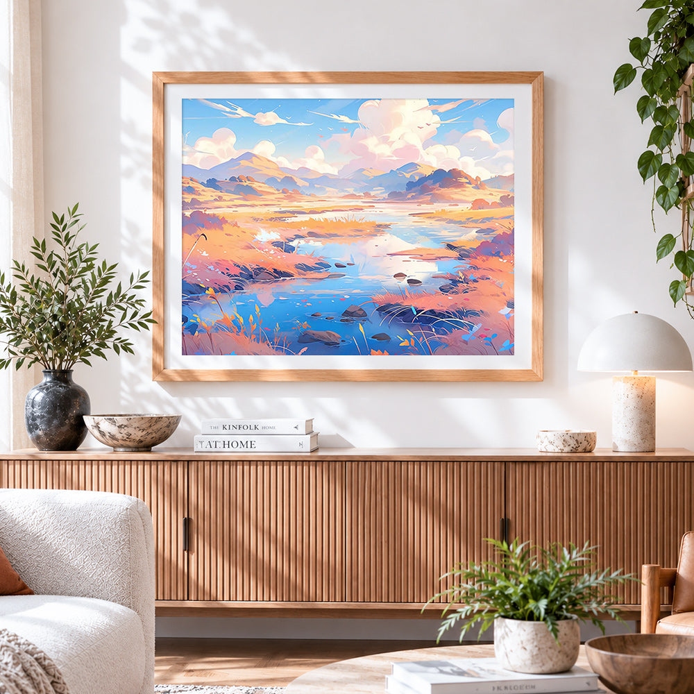 Finished dreamy stream in a pastel valley cross stitch artwork displayed