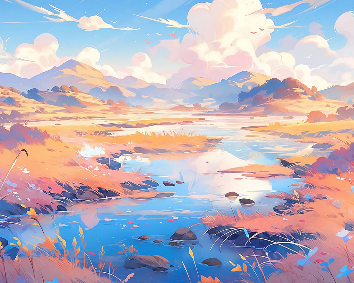 Dreamy stream in a pastel valley cross stitch kit for beginners