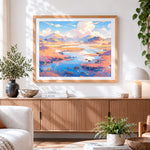 Finished dreamy stream in a pastel valley paint by numbers artwork displayed as home decor