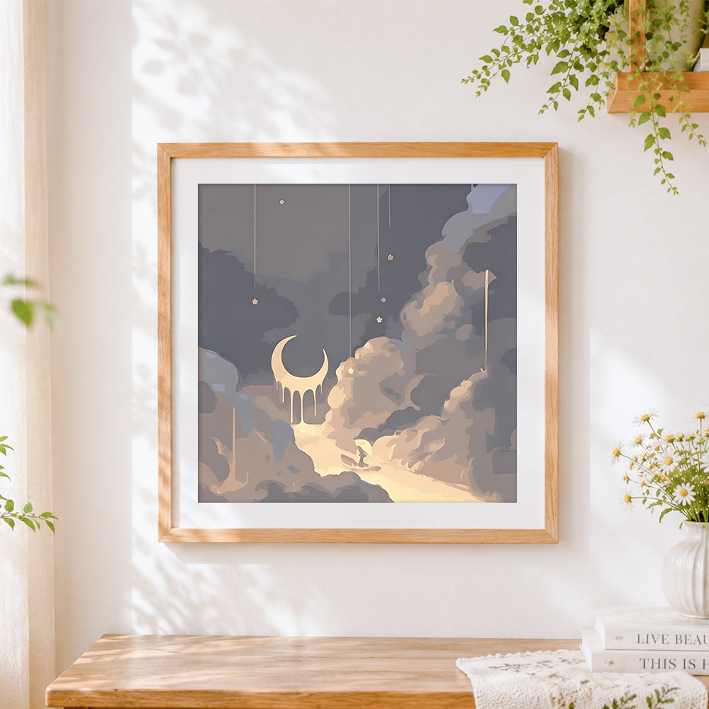 Finished dreamy surreal crescent moon and clouds cross stitch artwork displayed