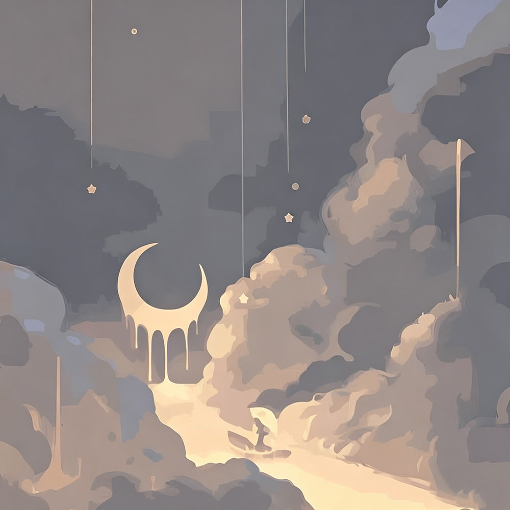 Dreamy surreal crescent moon and clouds cross stitch kit for beginners