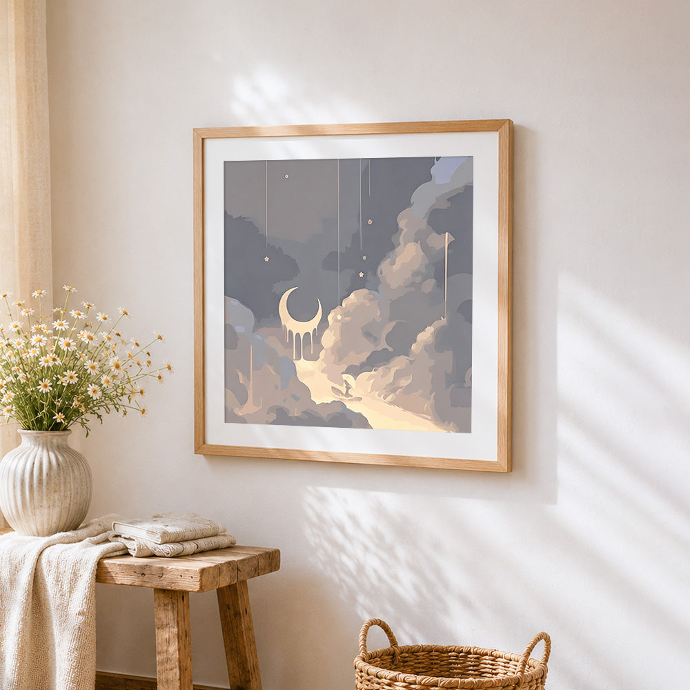 Dreamy surreal crescent moon and clouds cross stitch artwork displayed on wall as home decor