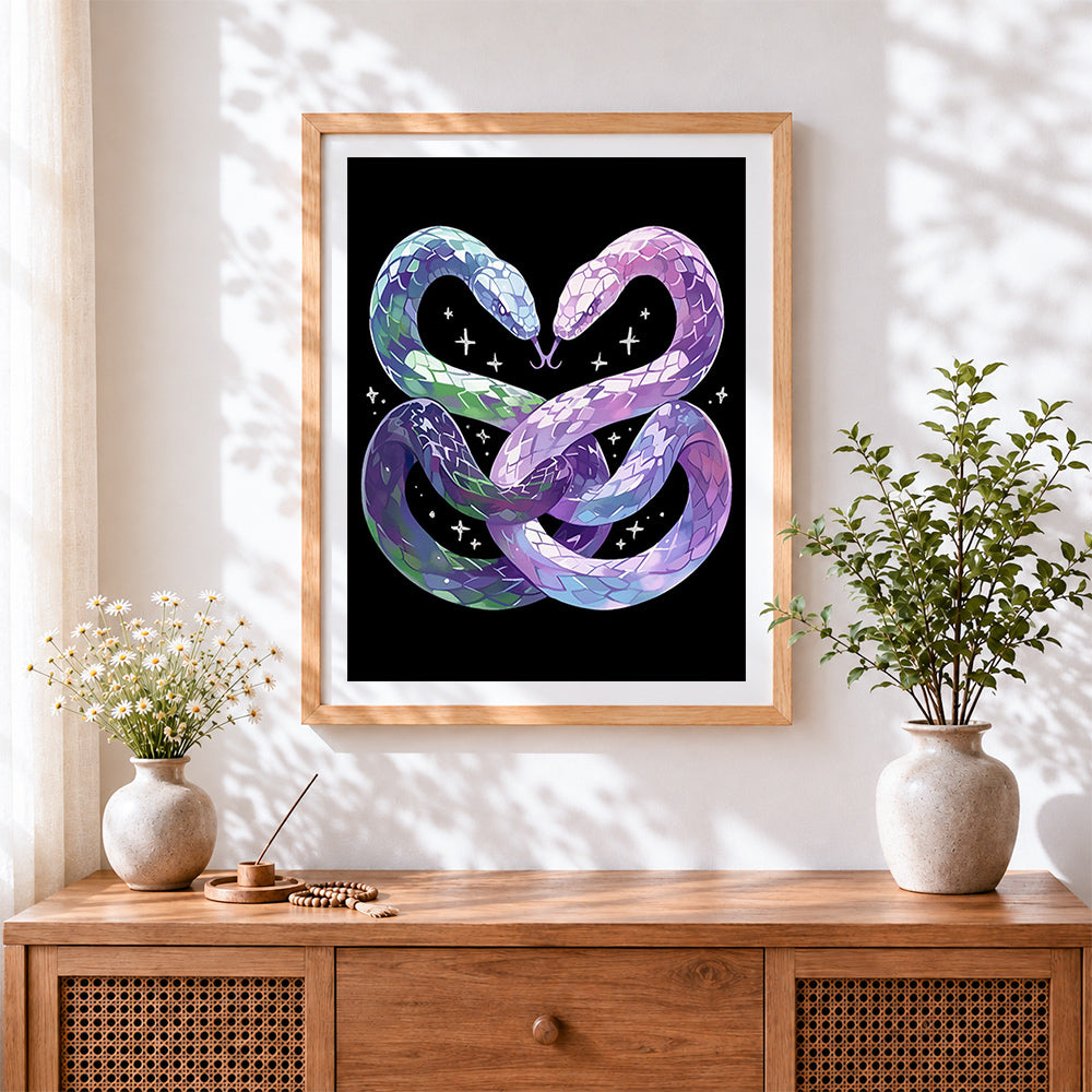 Finished dreamy twin snakes entwined cross stitch artwork displayed