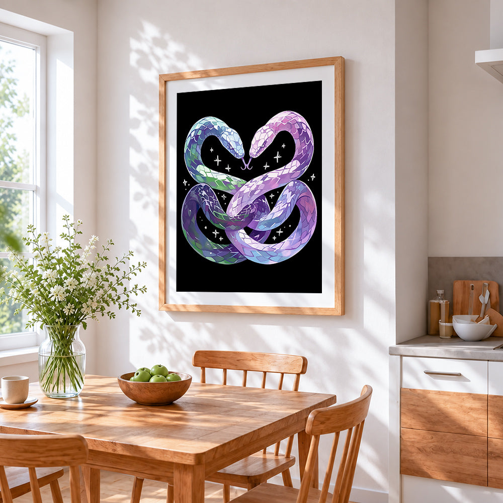 Dreamy twin snakes entwined cross stitch artwork displayed on wall as home decor
