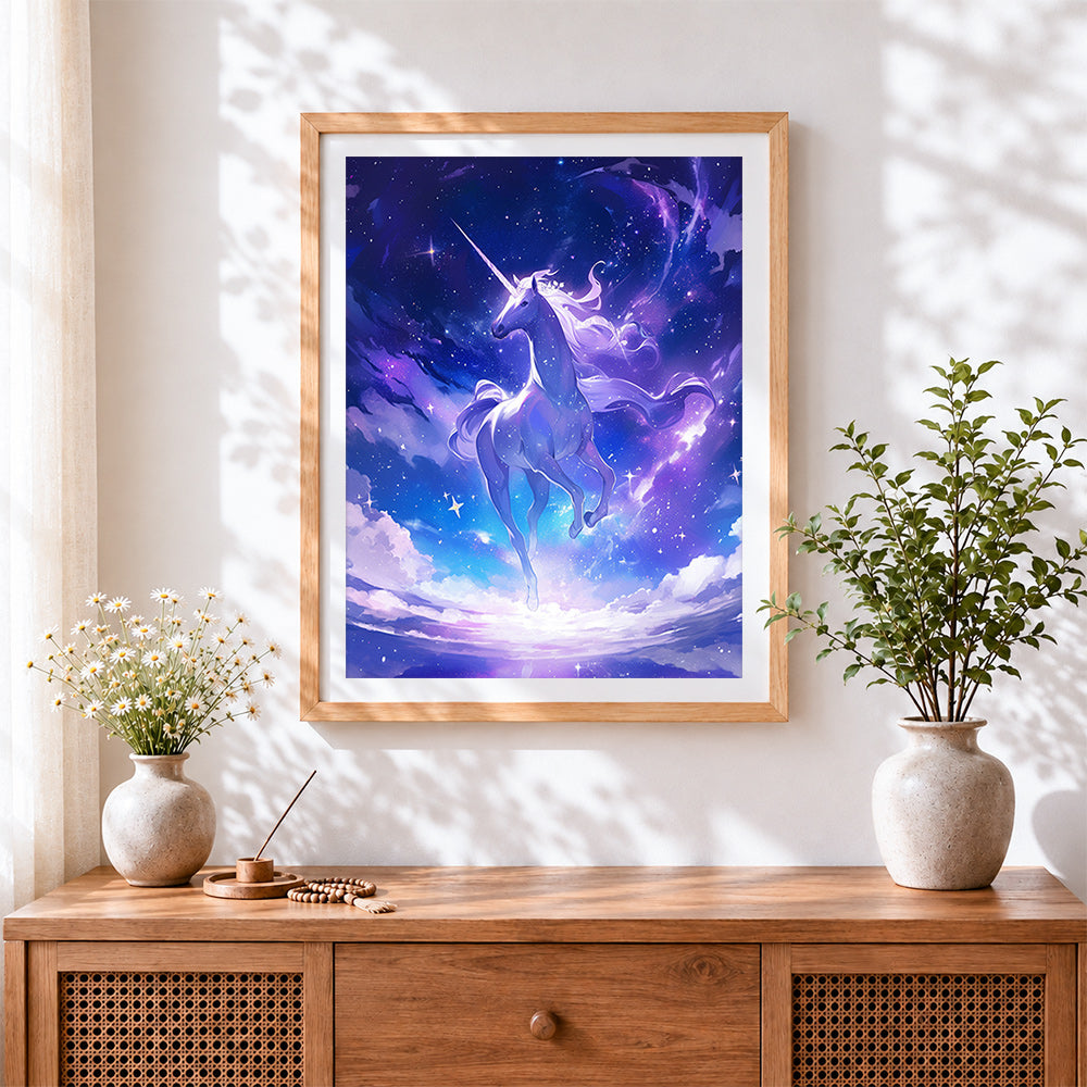 Finished dreamy unicorn in starry sky cross stitch artwork displayed