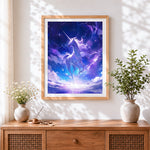 Finished dreamy unicorn in starry sky paint by numbers artwork displayed as home decor