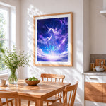 Dreamy unicorn in starry sky paint by numbers artwork displayed on wall as home decor