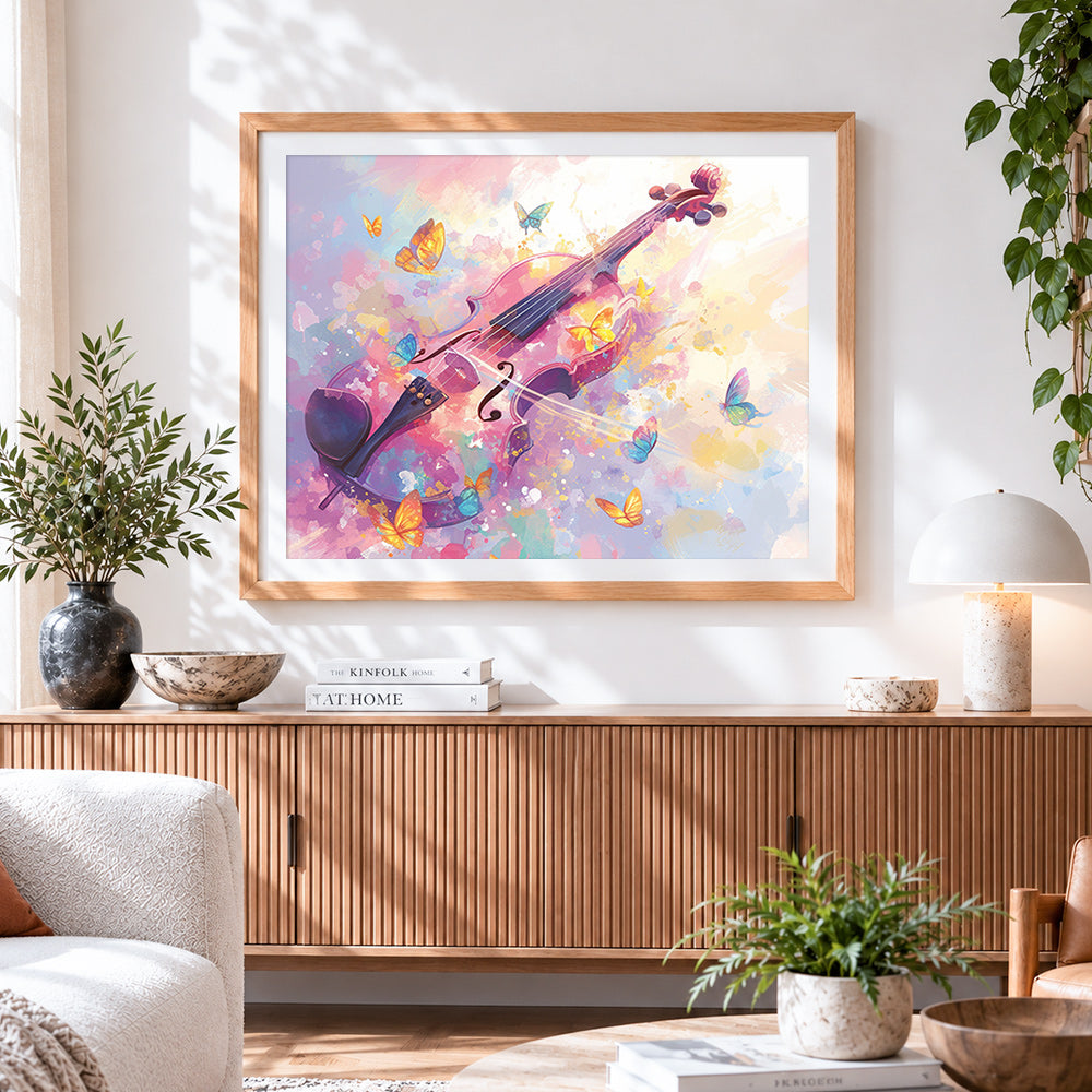 Finished dreamy violin and butterflies paint by numbers artwork displayed as home decor