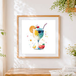 Finished dreamy watercolour cocktail cross stitch artwork displayed