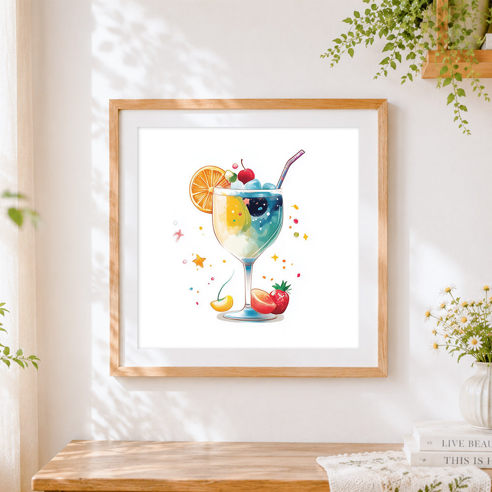 Finished dreamy watercolour cocktail cross stitch artwork displayed