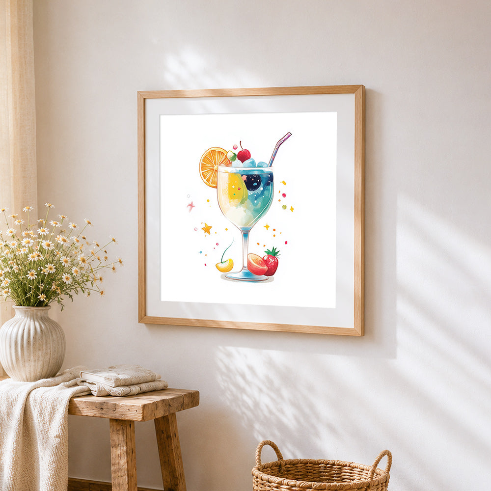 Dreamy watercolour cocktail cross stitch artwork displayed on wall as home decor