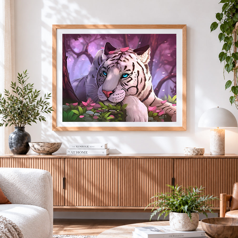 Finished dreamy white tiger with pink petals cross stitch artwork displayed