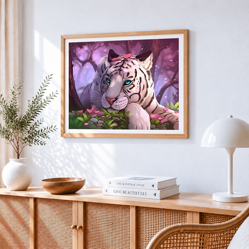Dreamy white tiger with pink petals cross stitch artwork displayed on wall as home decor