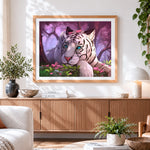 Finished dreamy white tiger with pink petals paint by numbers artwork displayed as home decor