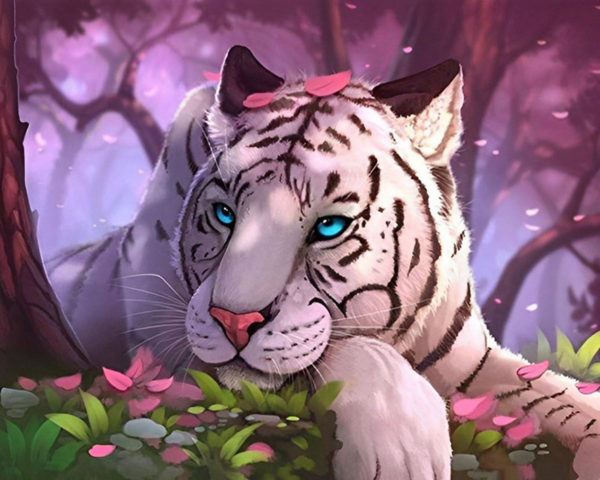 Dreamy white tiger with pink petals paint by numbers kit for beginners