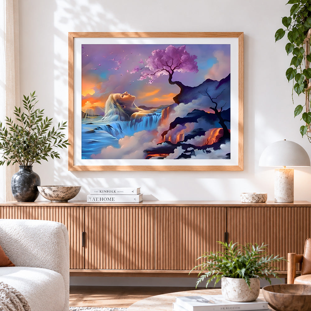 Finished dreamy woman with purple blossom tree cross stitch artwork displayed