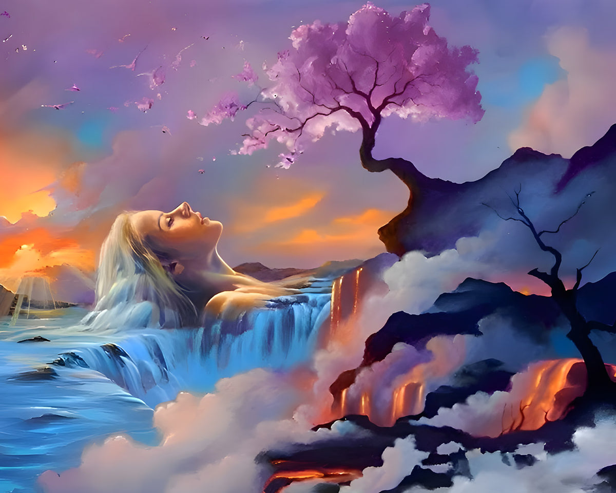 Dreamy woman with purple blossom tree cross stitch kit for beginners