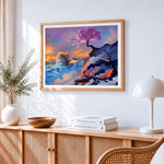 Dreamy woman with purple blossom tree cross stitch artwork displayed on wall as home decor
