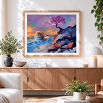 Finished dreamy woman with purple blossom tree paint by numbers artwork displayed as home decor
